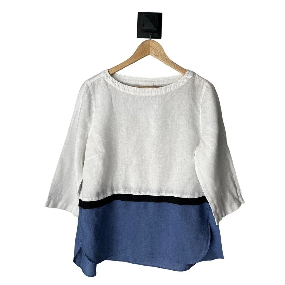 J. Jill Love Linen Womens 3/4 Sleeve Color Block Linen Tunic Top Sz M White Blue